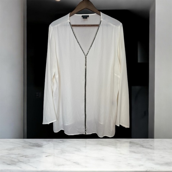 Liz Claiborne Tops - Liz Claiborne White Long Sleeve Blouse with Silver Trim V-Neck